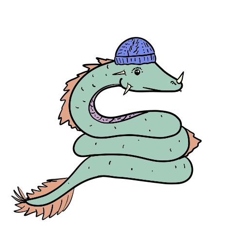 A coiled green Wyrm with a blue hat - sitting coiled. It's tongue moves.